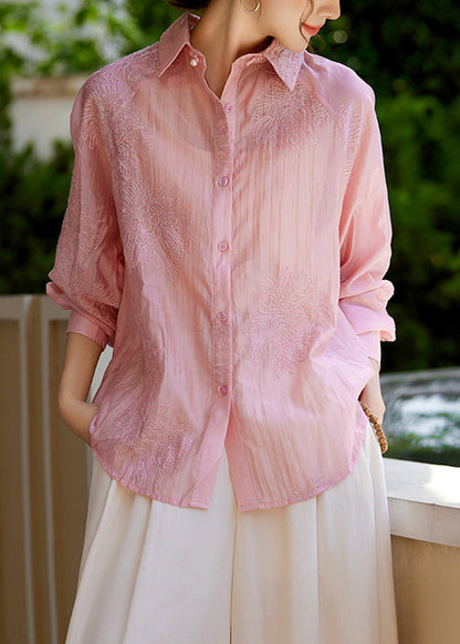 Elegant White Peter Pan Collar Embroidered Button Silk Shirts Fall EE019