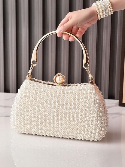 Clutch Evening Bag Gold Pearl with Beaded Women's Handle
