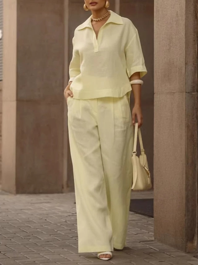 Women's Cotton Linen Sets Pants Sets 3/4 Length Sleeve V