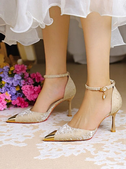 Satin and Accents Women's Beige Heels Toe Gold with Pointed