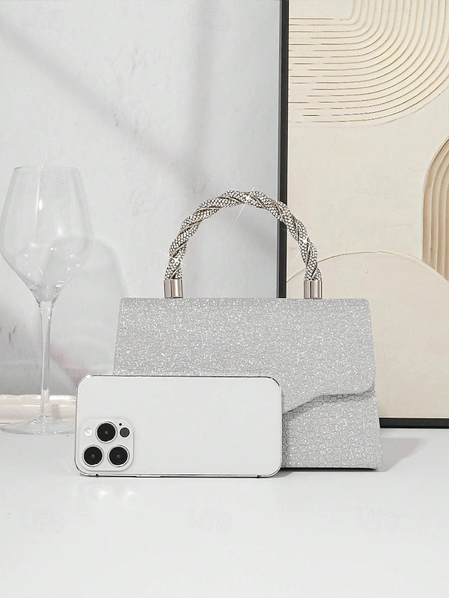 – with Handle Women's Glitter Silver Rhinestone Handbag