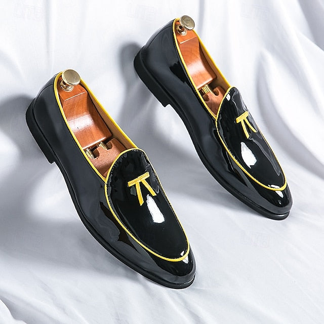 Patent Faux with Trim Loafers Yellow Men's Leather Black