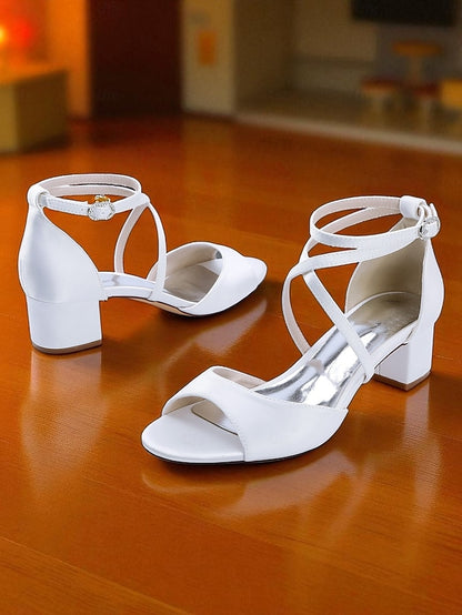 Block with Elegant Strap - Satin Sandals Ankle Heel Women's