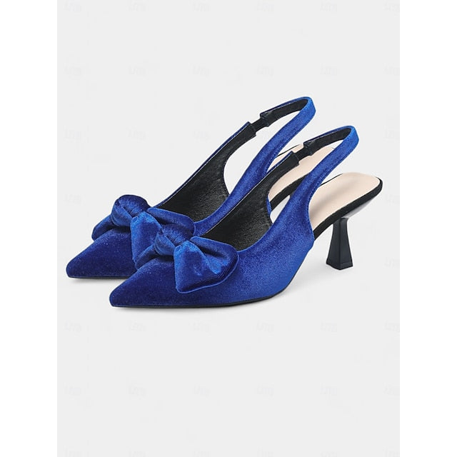 Slingback Women's Velvet Bow Blue with Heels Pointed Toe