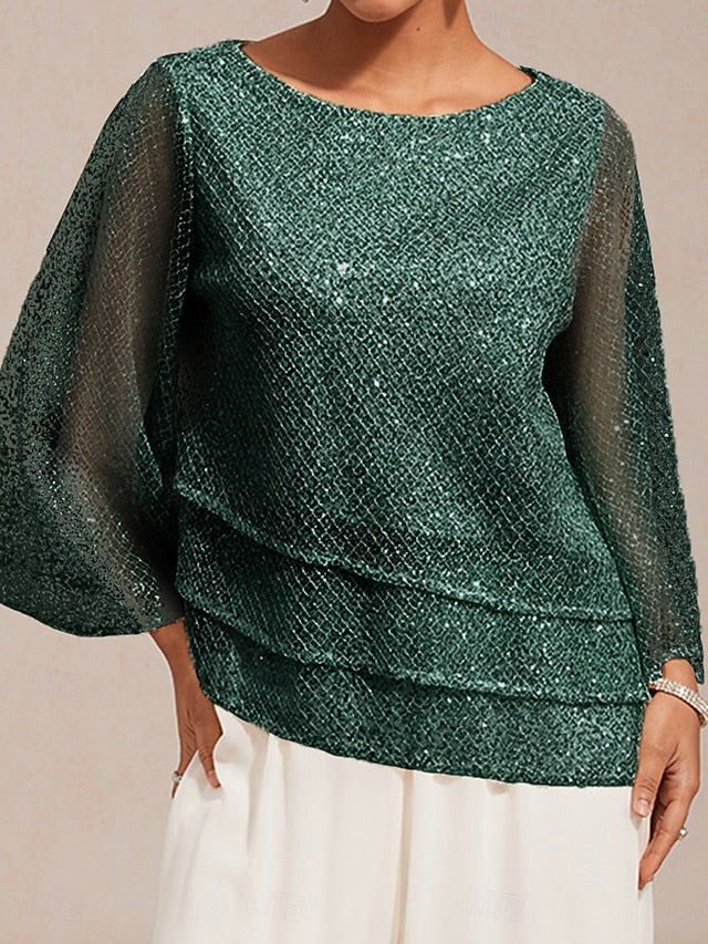 Women's Lace Tops Sequins Illusion Solid Color Elegant