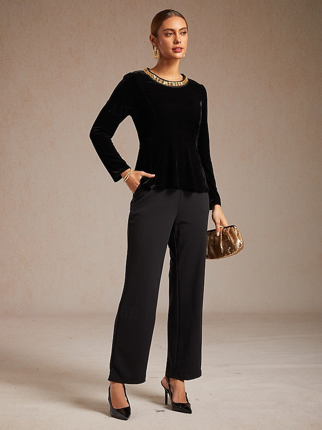 Women's Velvet Blouse Beaded Elegant Crew Neck Regular Tops