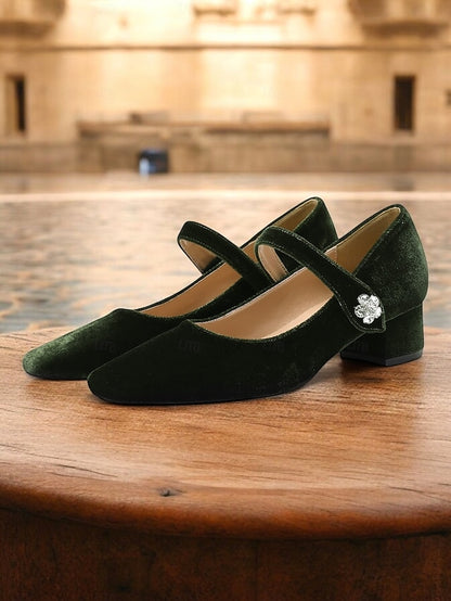 Block Green Pumps - Women's Square Mary Velvet Jane Toe