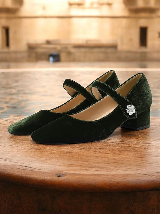 Block Green Pumps - Women's Square Mary Velvet Jane Toe