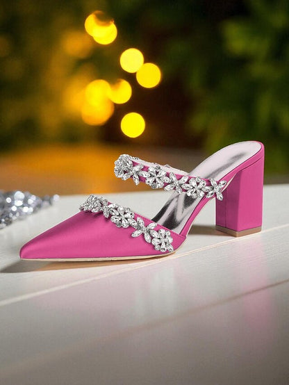 Black Satin Women's Rhinestone Mules Floral with Block Heel