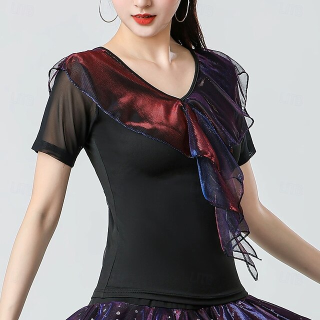 Latin Dance Top Pure Color Splicing Tulle Women's
