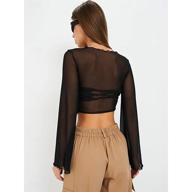 Retro Vintage 1970s Groovy Crop Top Bell Sleeve Disco Mesh Round