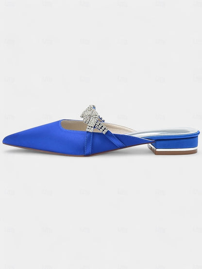 Pointed-Toe - Detailing with Mule Blue Heels Satin Rhinestone