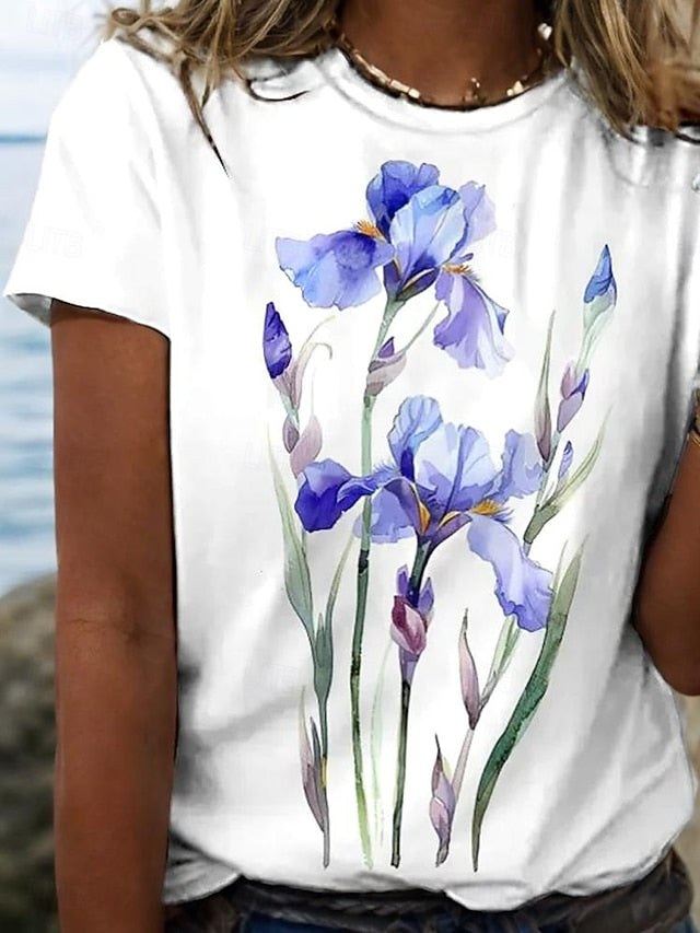 Women's T Shirt Print Floral Casual Short Sleeve Notched