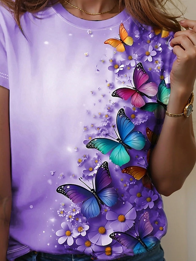 Women's T Shirt Print Butterfly Casual Short Sleeve Round