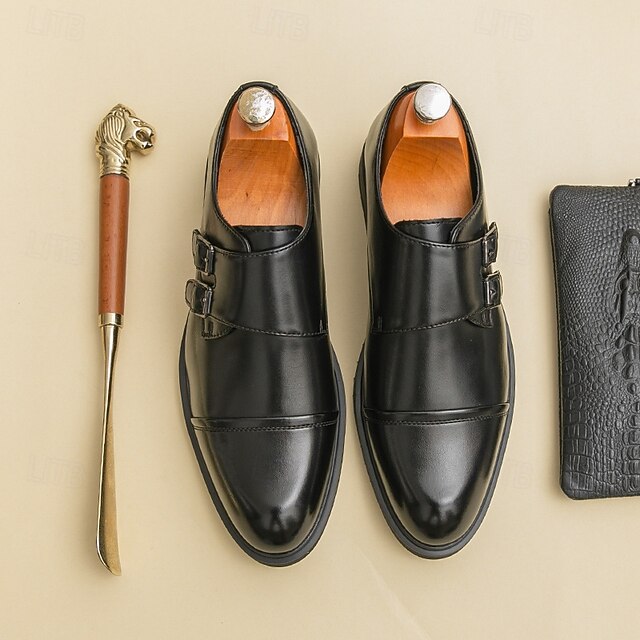 Strap Leather Shoes Double Men's Monk Brown Faux