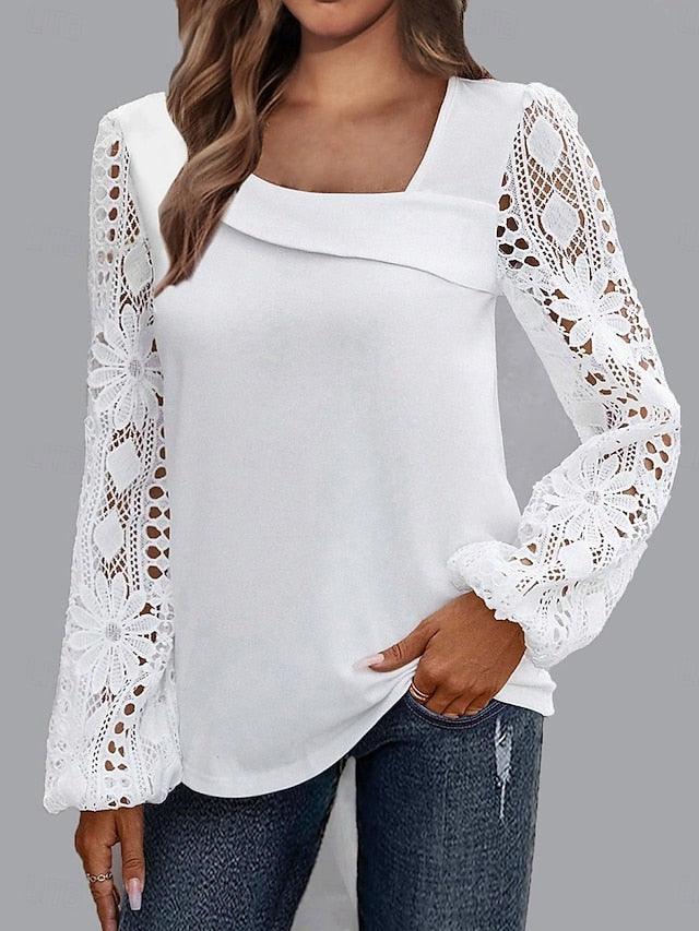 Women's White Elegant Lace Tops Eyelet Blouse Casual Solid