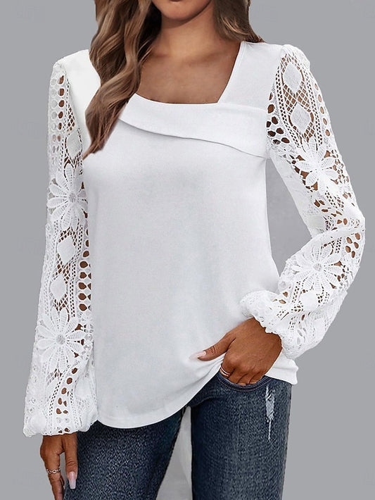 Women's White Elegant Lace Tops Eyelet Blouse Casual Solid
