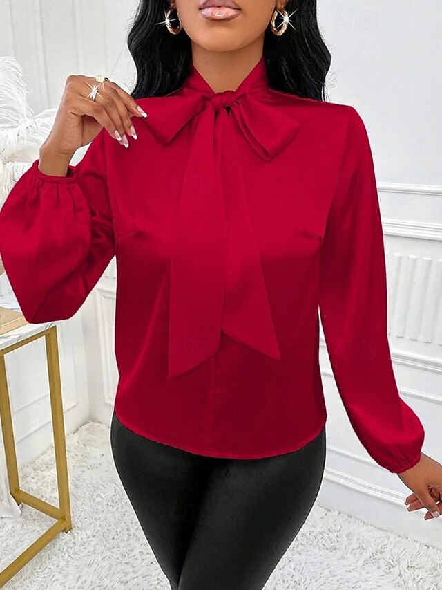 Women's Shirt Elegant Dressy Satin Top Bow Solid Color