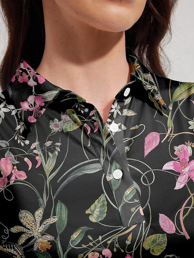 Women's Golf Polo Shirt Black Sleeveless Top Floral Ladies