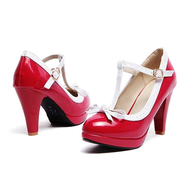 White High Leather Women's Patent Black with Heels T-Strap