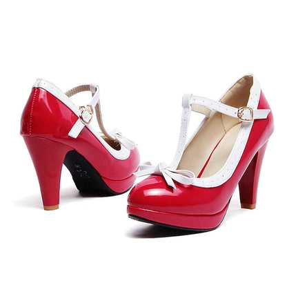 White High Leather Women's Patent Black with Heels T-Strap