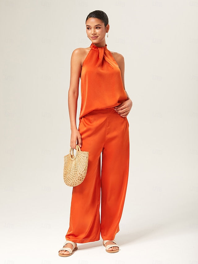 Orange Stand Collar Wide Leg Pants Set