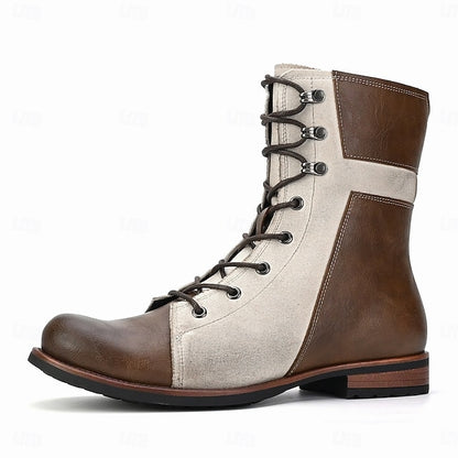 Faux Two-Tone Boots Vintage Lace-Up Mid-Calf Men's Leather