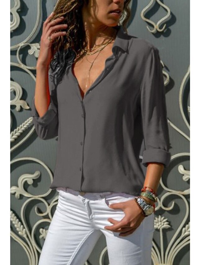 Women's Shirt Blouse Black White Blue Plain Long Sleeve