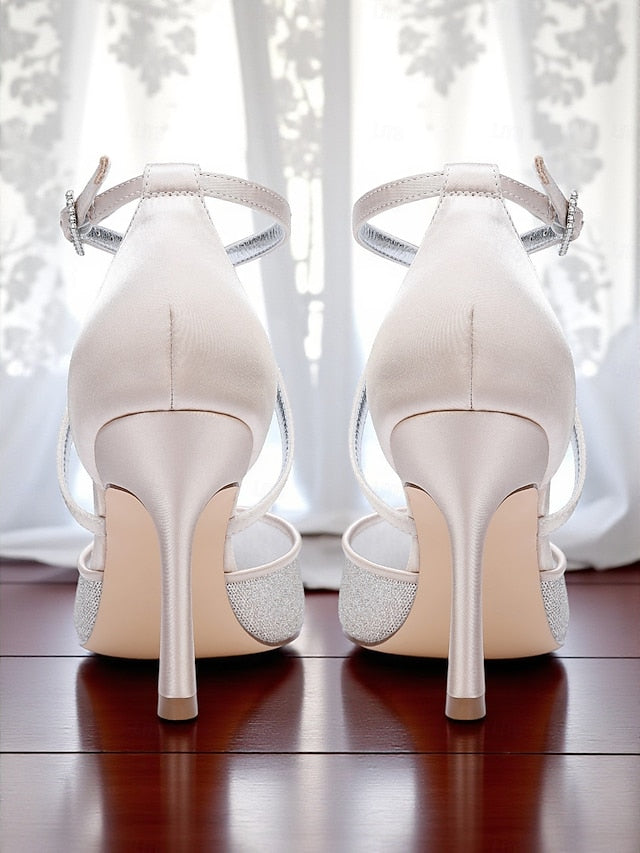 Silver - Women's Strap Heels Glitter Ankle Elegant Stiletto