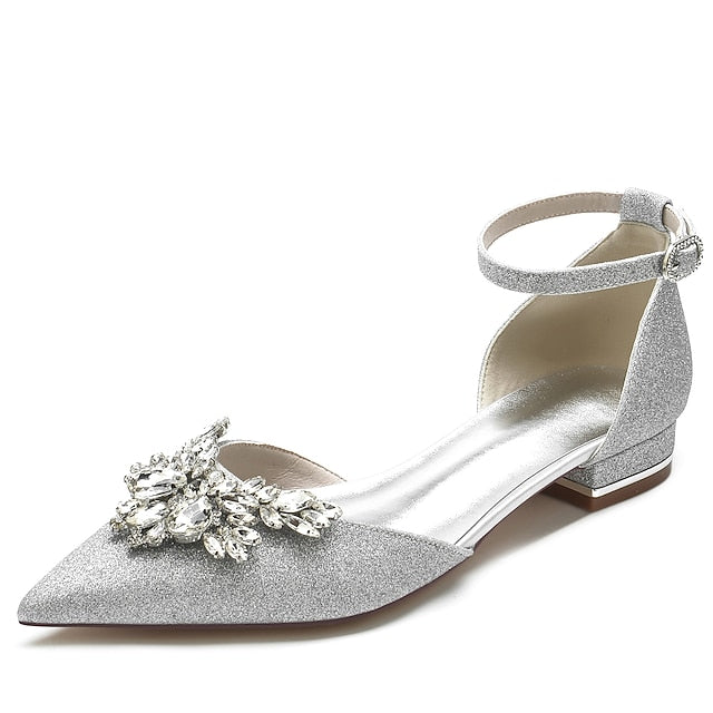 Rhinestone Satin with White Design Flats – Floral Women's