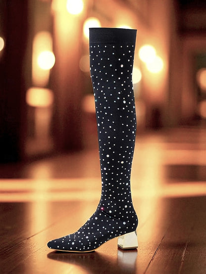 Pointed Black Boots with Women's Rhinestone Over-the-Knee