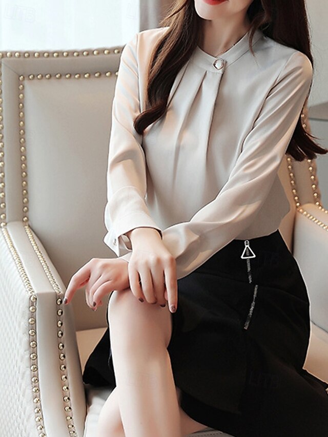 Women's Shirt Elegant Dressy Satin Top Ruched Buttons Plain