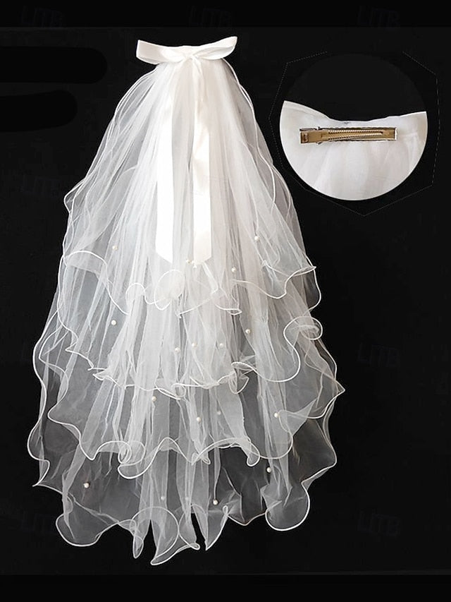 Ivory Ribbon Soft Bridal Satin Tulle and with Elegant Veil -