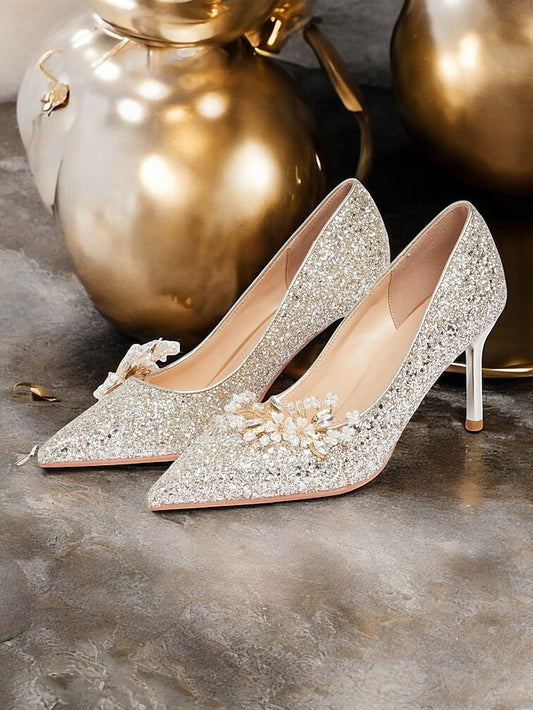 Women's Floral Heels Stiletto Silver with Glitter