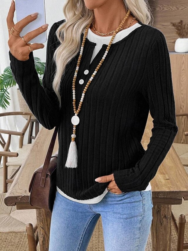 Women's Blouse Patchwork Buttons Solid Color Stylish Casual