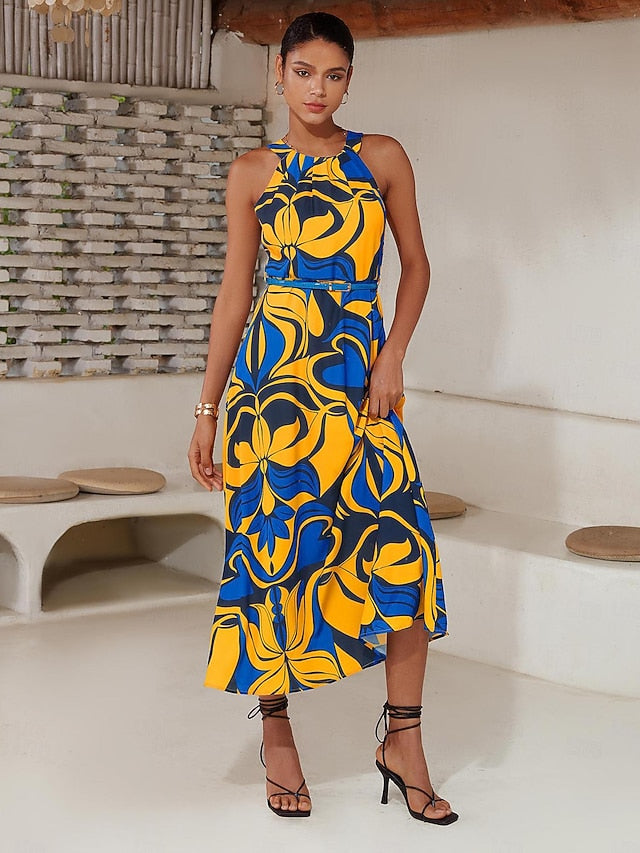 Satin Leaves Sleeveless Maxi Dress (No Belt)