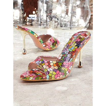 High Colorful – Women Mules Print Mosaic Multicolor Heels for