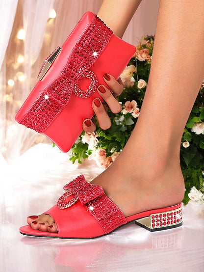 Rhinestone with Flat Gold Bow – Sandals Matching Clutch