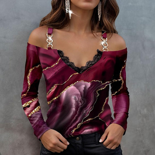 Women's Blouse Long Sleeve  V Neck Fashion Abstract Print