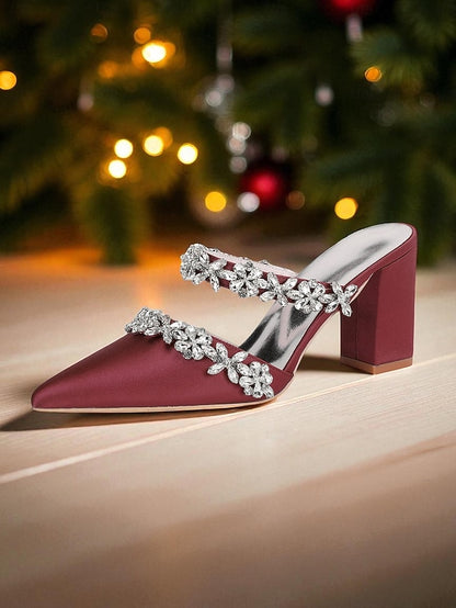 Black Satin Women's Rhinestone Mules Floral with Block Heel