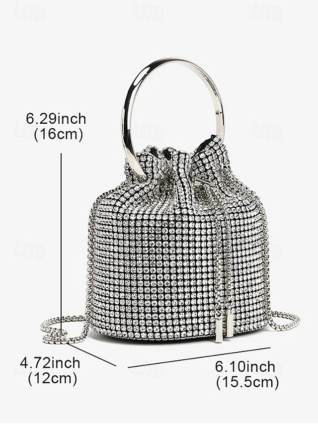 Sparkling Metal Bucket Women's Silver with Bag Rhinestone