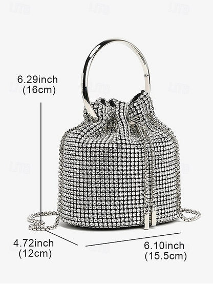 Sparkling Metal Bucket Women's Silver with Bag Rhinestone
