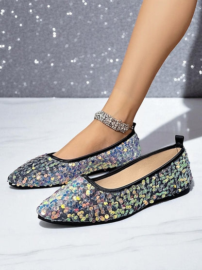 Pointed - Toe Sequin Ballet Black Flats Women's Sparkly