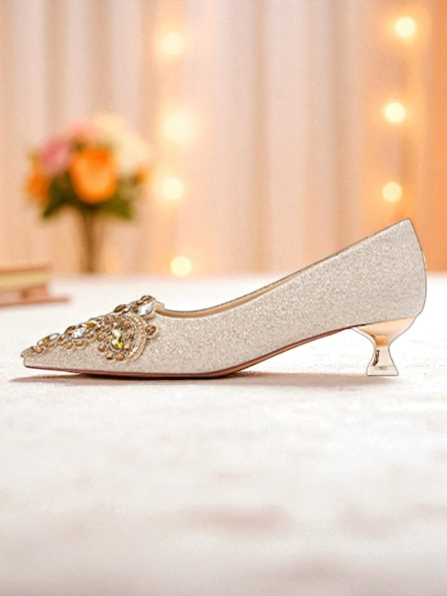 Glitter Pumps Heel Pointed-Toe Gold Low with Women's