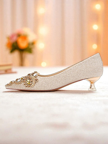 Glitter Pumps Heel Pointed-Toe Gold Low with Women's