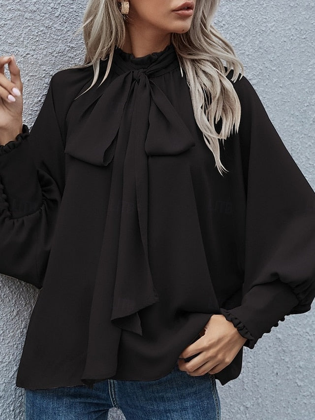 Women's Shirt Elegant Satin Top Blouse Lace up Buttons