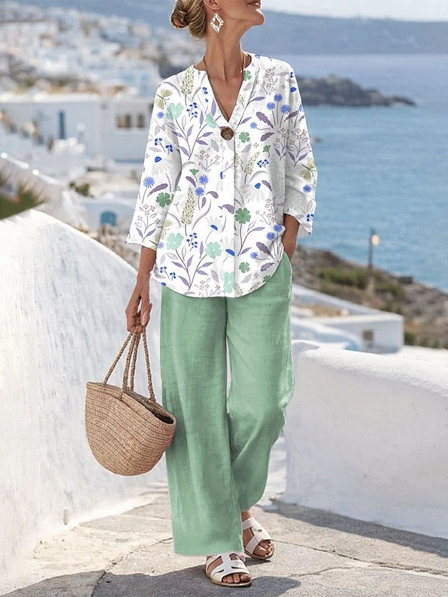 Women's Two Piece Sets Pants Sets 3/4 Length Sleeve V Neck