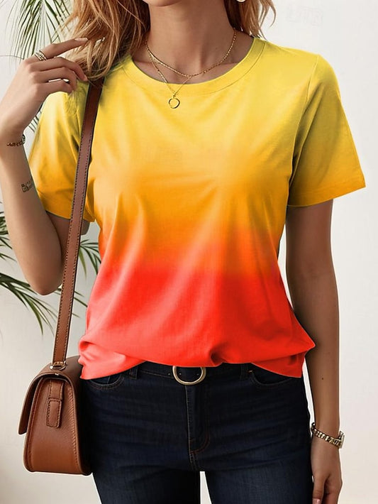 Women's T shirt Casual Ombre Round Neck Yellow Red Gradient
