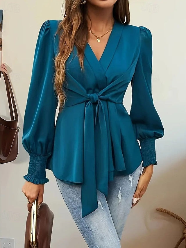 Women's Blouse Dressy Tops Ruched Lace up Tunic Solid Color