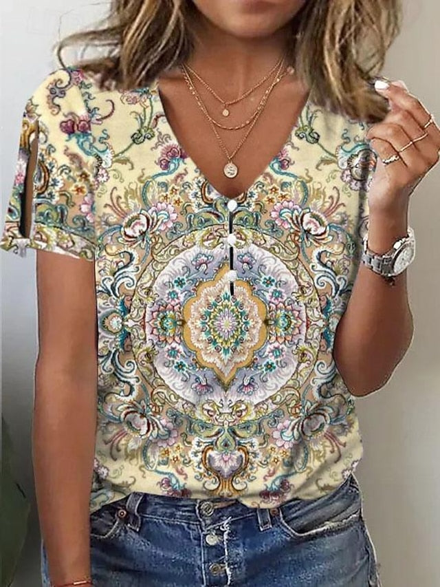 Women's Blouse V-Neck Short Sleeve Split Floral Print